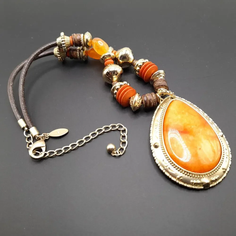 Chico's Beaded Gemstone Pendant Necklace, Leather Cord, 21 1/2